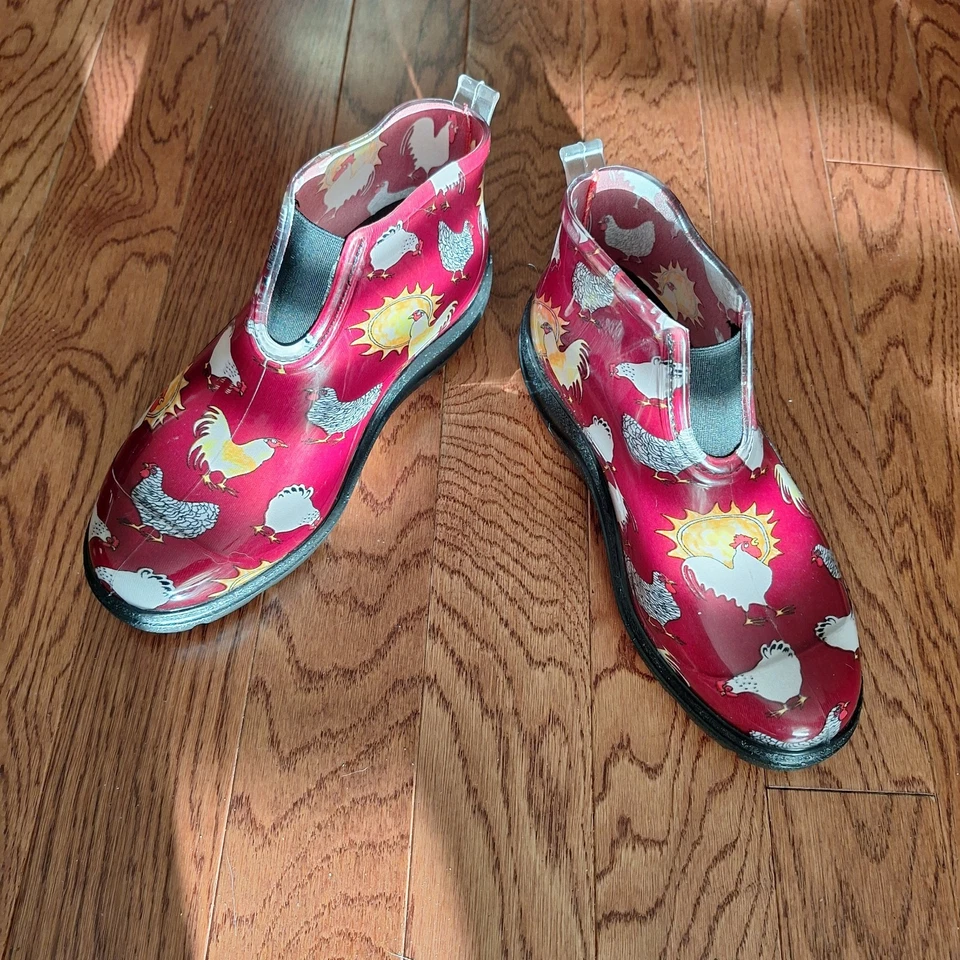 Botas de tornozelo Sloggers estampa de frango vermelho chuva jardim usadas excelentes  - Imagem 2 de 4