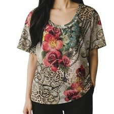 CACHE Floral Leopard Print Embellished Scoop Neck T-Shirt Top EUC Size Mediumm