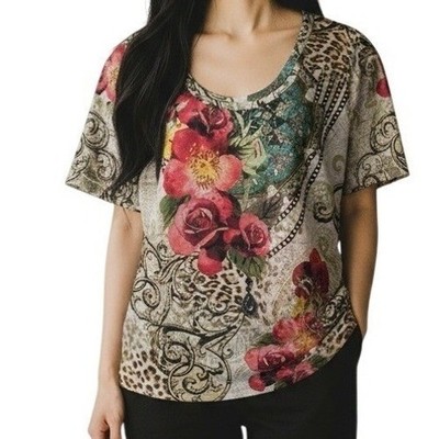 CACHE Floral Leopard Print Embellished Scoop Neck T-Shirt Top EUC Size Mediumm