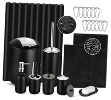 Black Bathroom 7Pcs Bathroom Set  Shower Curtain  2Pcs Rugs Black silver