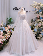 Princess White Ivory Wedding Dresses with Florals Lace Appliques Bridal Gowns