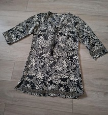 Natura Black & Grey Floral Silky Tunic Dress 3/4 Sleeves Holiday Casual UK8/10