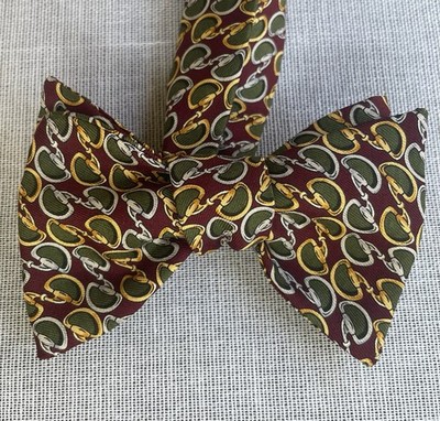 Vintage Brooks Brothers Silk Bow Tie Maroon Green Gold Equestrian Design 2.5''