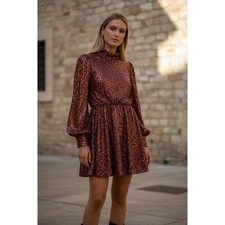 ASOS DESIGN Womens Rust Brown Sequin High Neck Open Back Mini Dress Size 8 US