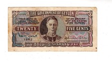 CEYLAN GOVERNMENT BRITISH OF CEYLON 25 CENT NOTE 1942 P44 KING GEORGE VI VF