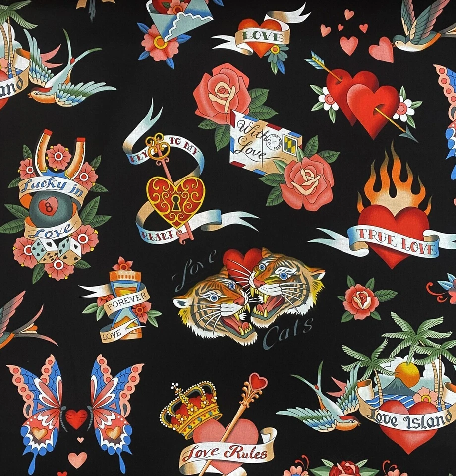 Alexander Henry Tattoo Love Rose Tiger Black "LAMINATE" Food Safe Upholstery - Image 2 of 2