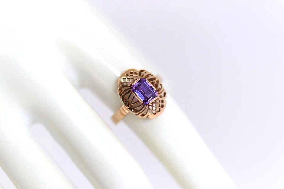 Anillo vintage para mujer 585-14 quilates oro rosa alejandrita piedras preciosas esmeralda talla 54 Foto 3 de 4