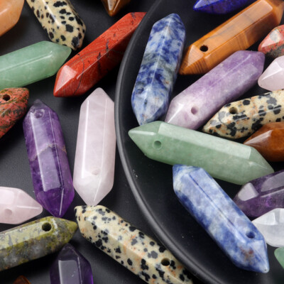 20pcs Mixed Natural Stone Hexagonal Column Point Pendants Bead Healing 10x40mm