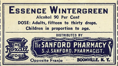 Vintage Pharmacy Label ESSENCE WINTERGREEN Sanford Pharmacy Rexall Boonville NY