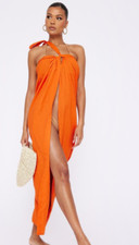 PLT Burnt Orange Asymmetric Linen Look Floaty Beach Dress/Cover Up M NEW