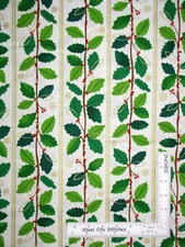 Christmas Green Holly Gold White Stripe Fabric Benartex Merry Bright By The Yard