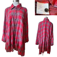 SHOW-E $419 Red Check Cotton with crush effect, A-Line, Asymmetrical Shirt O/S
