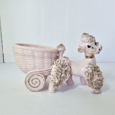 Vintage Inarco Pink Poodle Spaghetti Planter Pulling Cart Gold