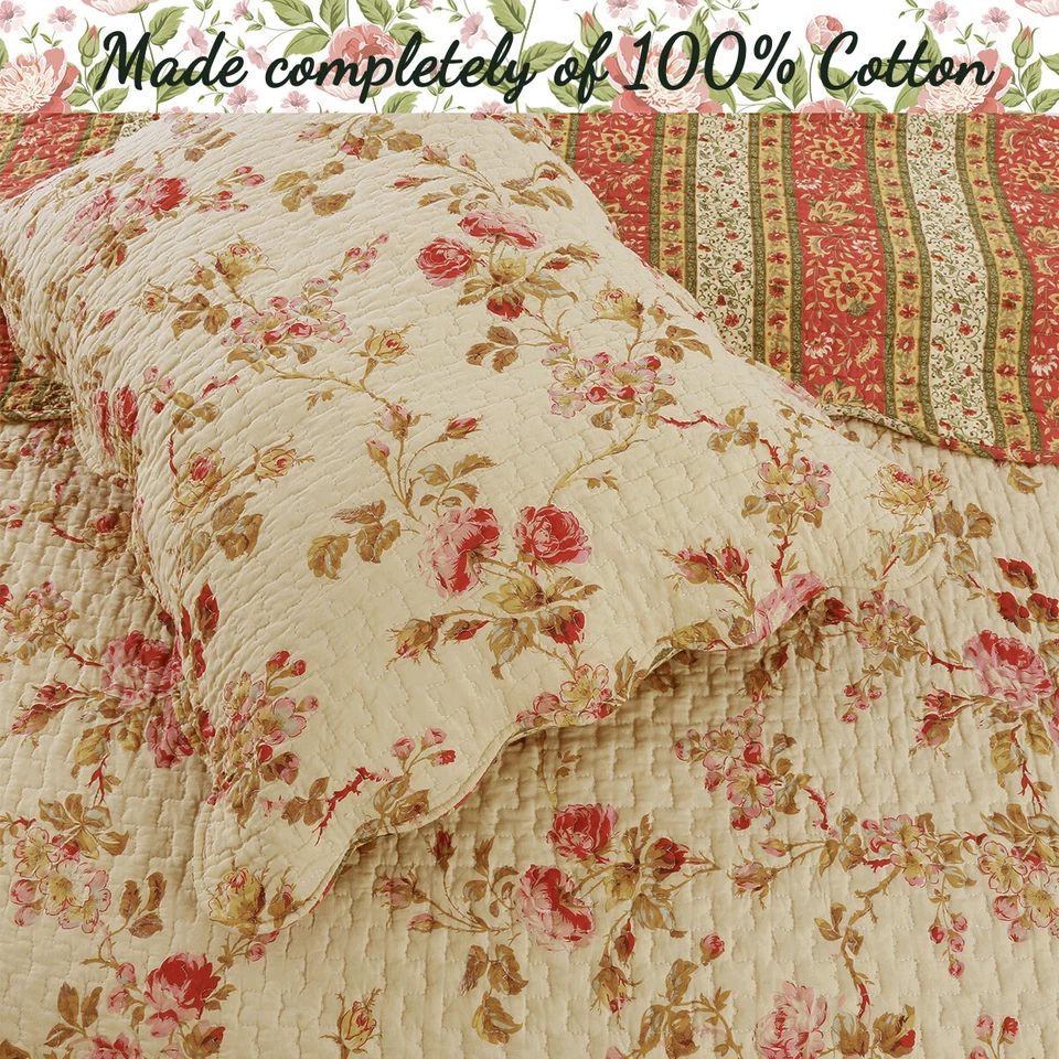 Vintage Rose Floral 100%Cotton 3-Piece Reversible Quilt Set, Bedspread, Coverlet - Image 2 of 4