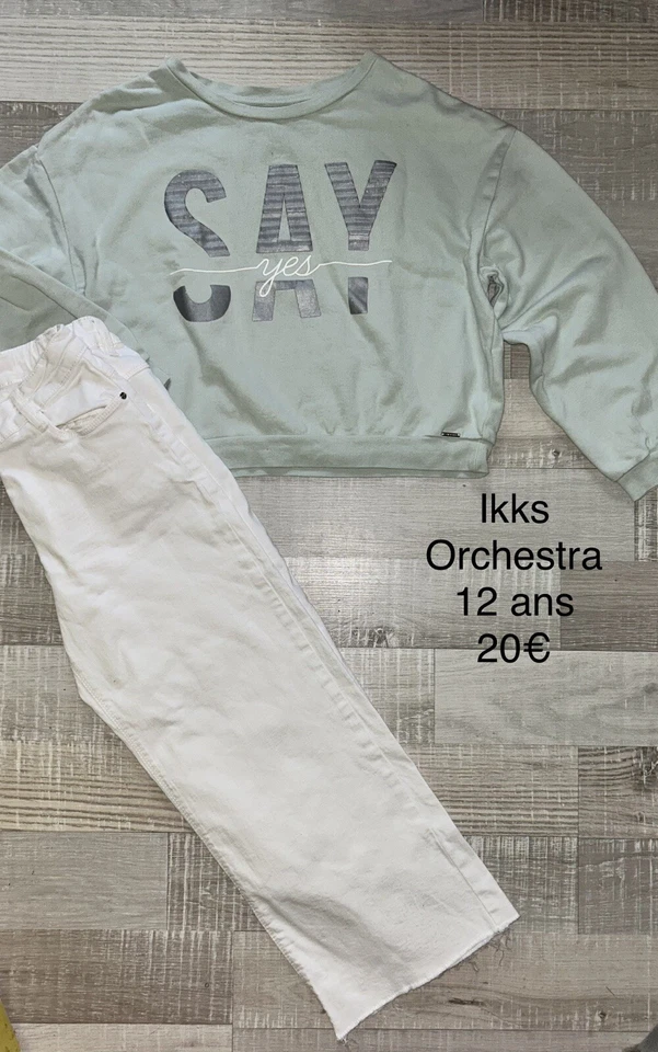 Ikks Orchestra 12 ANS FILLE : sweat vert et pantalon blanc large Tbe - Photo 1/1