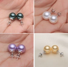 925 Sterling Silver 8mm Round Natural Tahitian Shell Pearl Stud Post Earrings