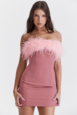 NWT HOUSE OF CB Alexa Feather Strapless Mini Dress in Warm Pink, XS