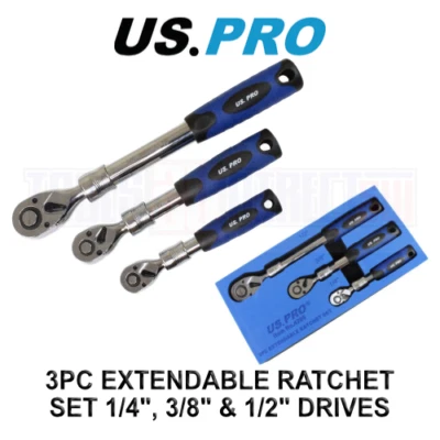 US PRO Tools Set di 3 cricchetti estensibili 1/4" 3/8" 1/2" unità in vassoio di schiuma 4205