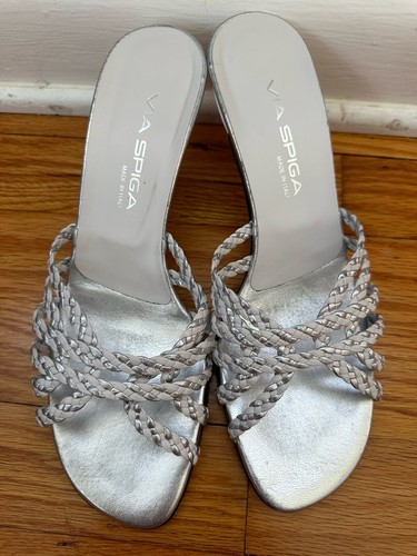 Via Spiga Women Silver and White Braided Kitten Heels US 8 Slip On Sandals - Picture 6 of 22