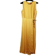 Vince Camuto Faux Wrap Dress Sz 8 Yellow White Stripes Sleeveless Midi Flowy
