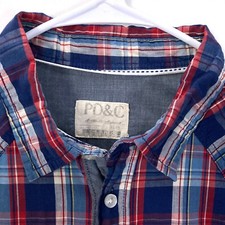 PD C Pearl Snap 100 Cotton Roll Tab Western Contrast Trim Chambray Shirt Men XL