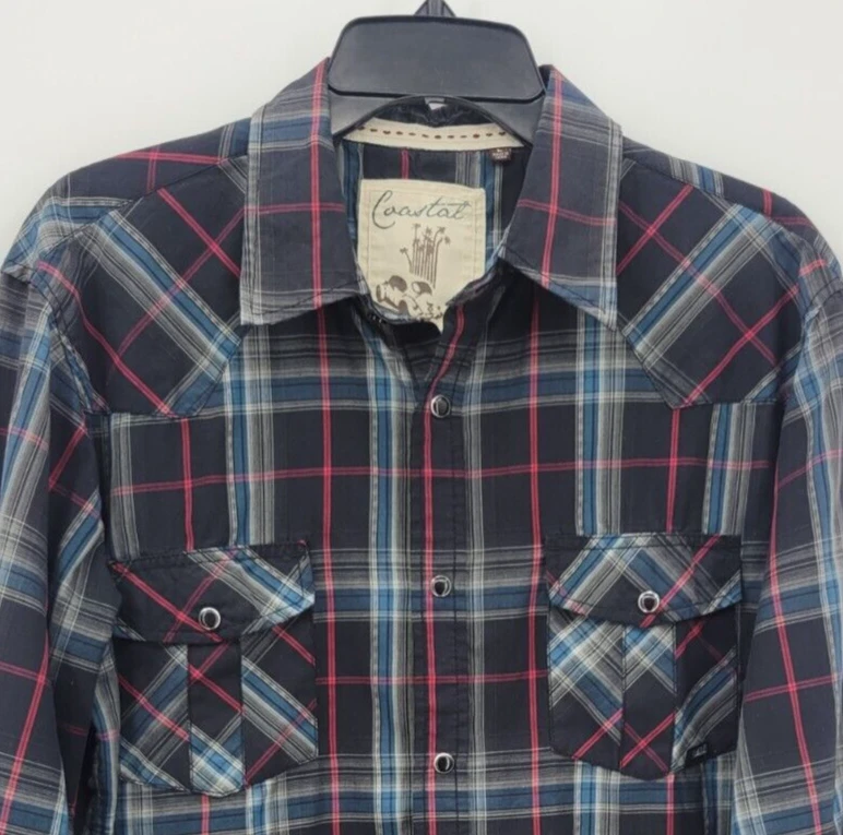 Coastal Shirt Mens Large Black Plaid Pearl Snap Western Rockabilly Rodeo Pockets - Image 3 of 4