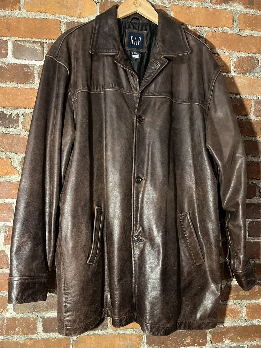 Gap Leather Jacket trucker distressed brown inside pockets lined L