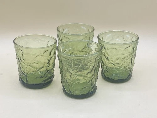 Vintage Anchor Hocking Lido Milano Avocado Green Crinkle Rocks Glasses (4)