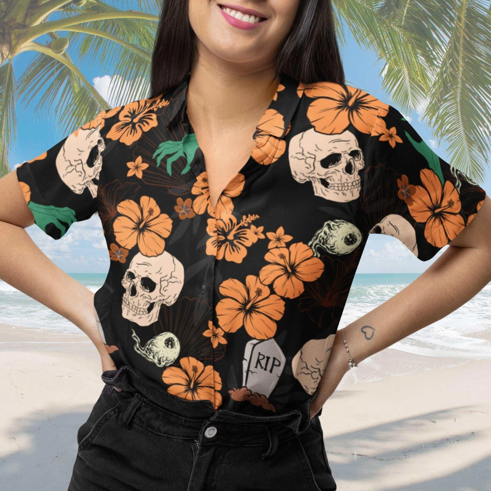 Halloween Hawaiian Skeleton Shirt, Patterned Button-Down for Men
