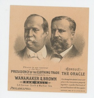 Mr Fancy Cancel Wannamaker & Brown Presidency Clothing Trade Vint Ad Card #1822