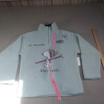 Peanuts Sweatshirt Womens Small Blue Snoopy Skiing Sherpa Fleece 1/4 Zip Ski Top