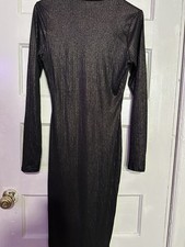 Black Striped Mock Neck Long Sleeve Midi Dress Pullover Size L