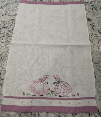 Small Huck Towel With Purple Edge And Embroidered Maidens