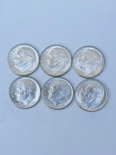 1960 D Roosevelt Dime Silver Bright and Lustrous Lot of 6,Uncirculated