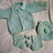 Vintage Handmade Baby Outfit Hat Booties Sweater Blue Knit