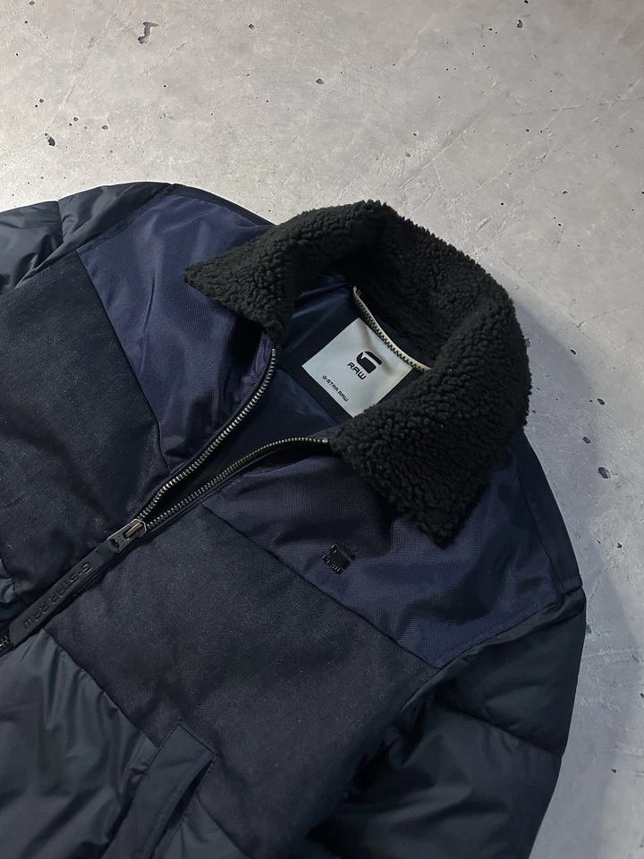 G-Star RAW ORE Denim Mix Bomber Jacket Men’s M Navy Sherpa Collar - Image 3 of 4