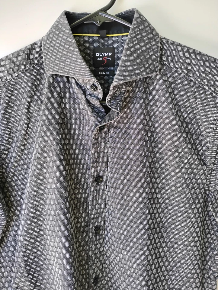 OLYMP Level 5 Body Fit Men's Black Gray Button front Long Sleeve Shirt - Image 2 of 4