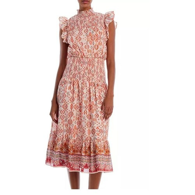 #ad Aqua Dress Women#x27;s Extra Small Pink Geo Print Smocked High Neck Ruffle Boho Midi $15.00