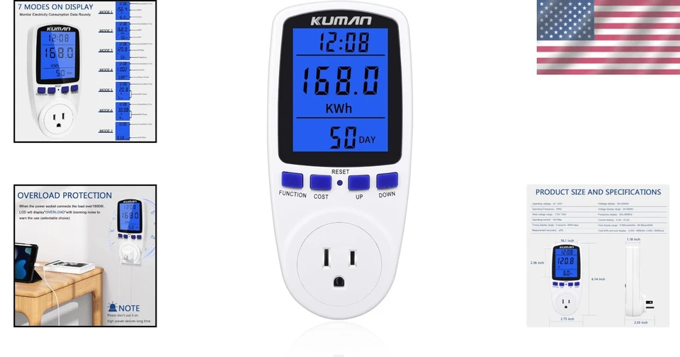 Компактный подключаемый ваттметр - монитор энергии с памятью данных и прозрачным ЖК-экраном - Изображение 2 из 4