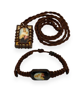 Our Lady Mt Carmel Brown Scapular Necklace Bracelet 2 Pc Set Wood Carmen Pulsera