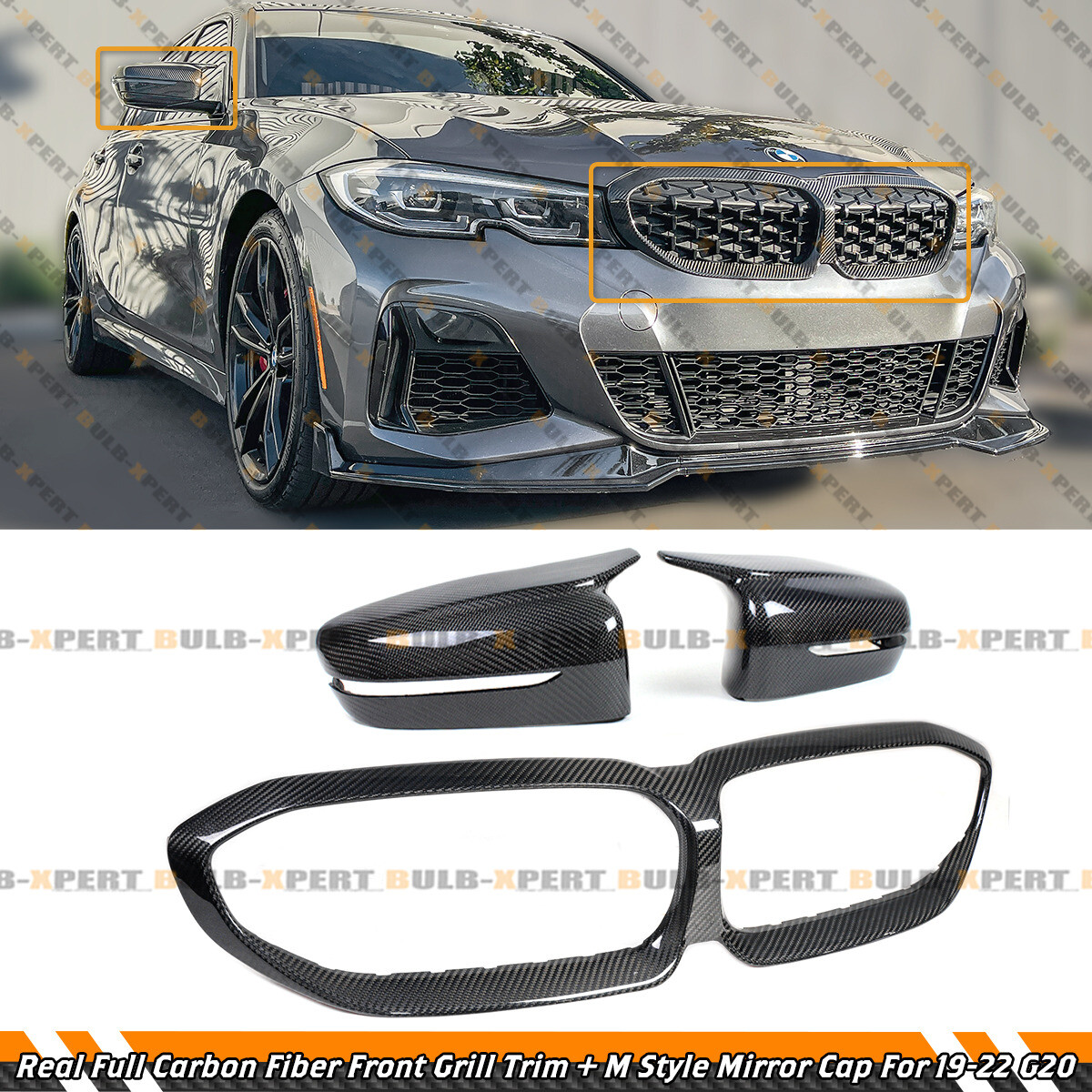 FOR 2019-22 BMW G20 330i REAL CARBON FIBER FRONT GRILL TRIM + M