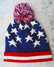 WHITE RED BLUE USA AMERICAN STARS STRIPES KNIT POM BEANIE WINTER HAT NEW/TAG