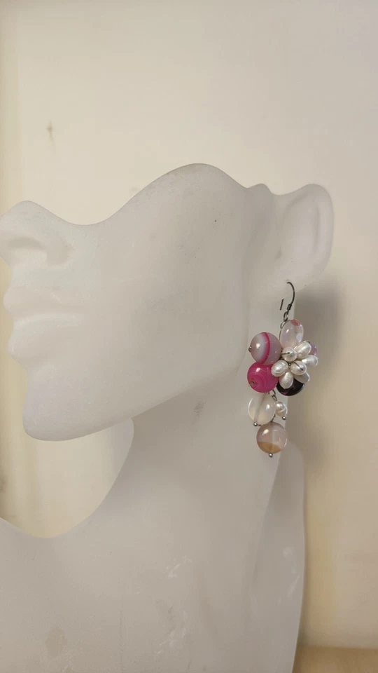 Orecchini Argento 925 Pietre Dure Agata Rosa E Perle Di Fiume - Immagine 2 di 4