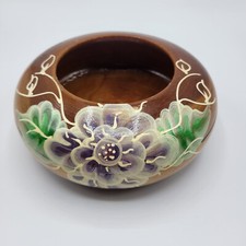 Vtg Hand Painted Wood Trinket Bowl Round Carved Floral Pattern Artist Signed