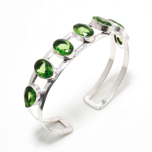 925 Sterling Silver Green Peridot Gemstone Cuff Bracelet Jewelry Size Adjust. - Picture 2 of 3