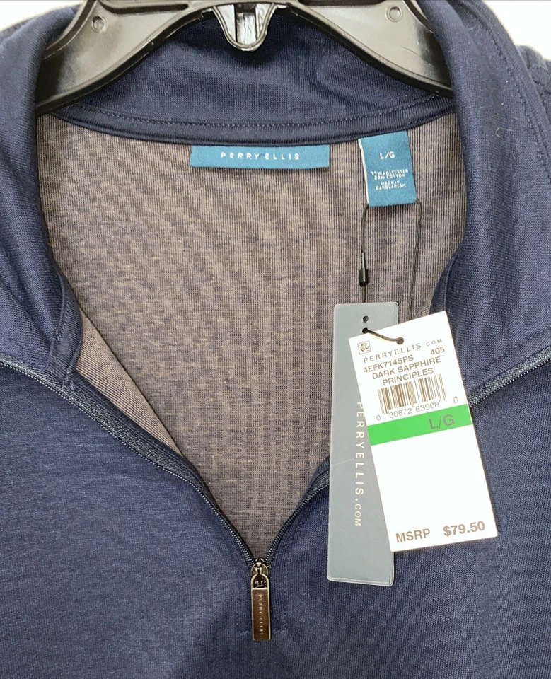 NEW PERRY ELLIS 1/4 ZIP SWEATER TOP  MENS Large NAVY BLUE - Image 2 of 4