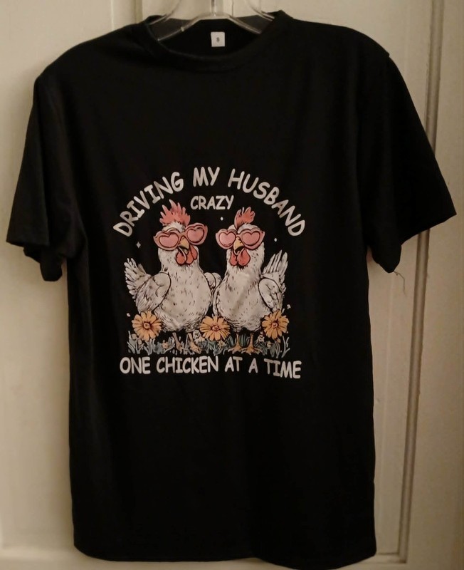 Women's  Black Chicken Humor T-Shirt, Sz. Small