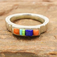 Sterling Silver Spiny Coral Lapis Turquoise & Gasepite Cobblestone Ring Size 6