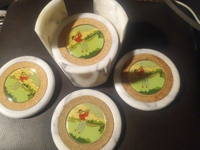 7 Piece Vintage Set Marble Golf Coasters with Matching Marble Holder