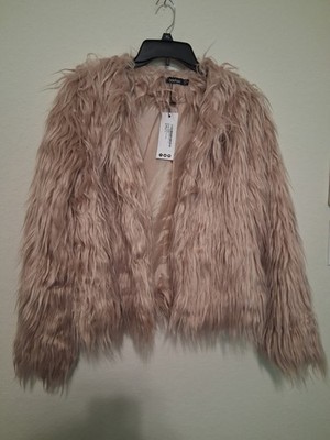 Boohoo Faux Fur Jacket Light Beige/Nude Color Soft Fluffy Glam Rock Size M